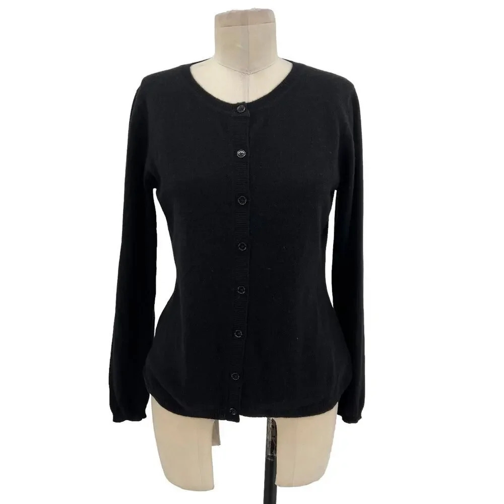 Qi Cashmere Classic Long‎ Sleeve Cardigan Sweater Black Size Small